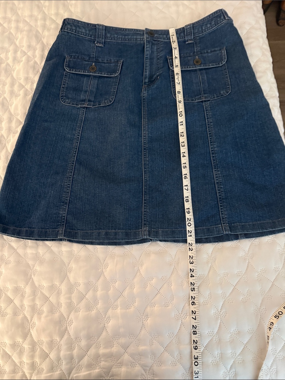 Dark Blue Denim A-Line Skirt with Front Flap Pockets
